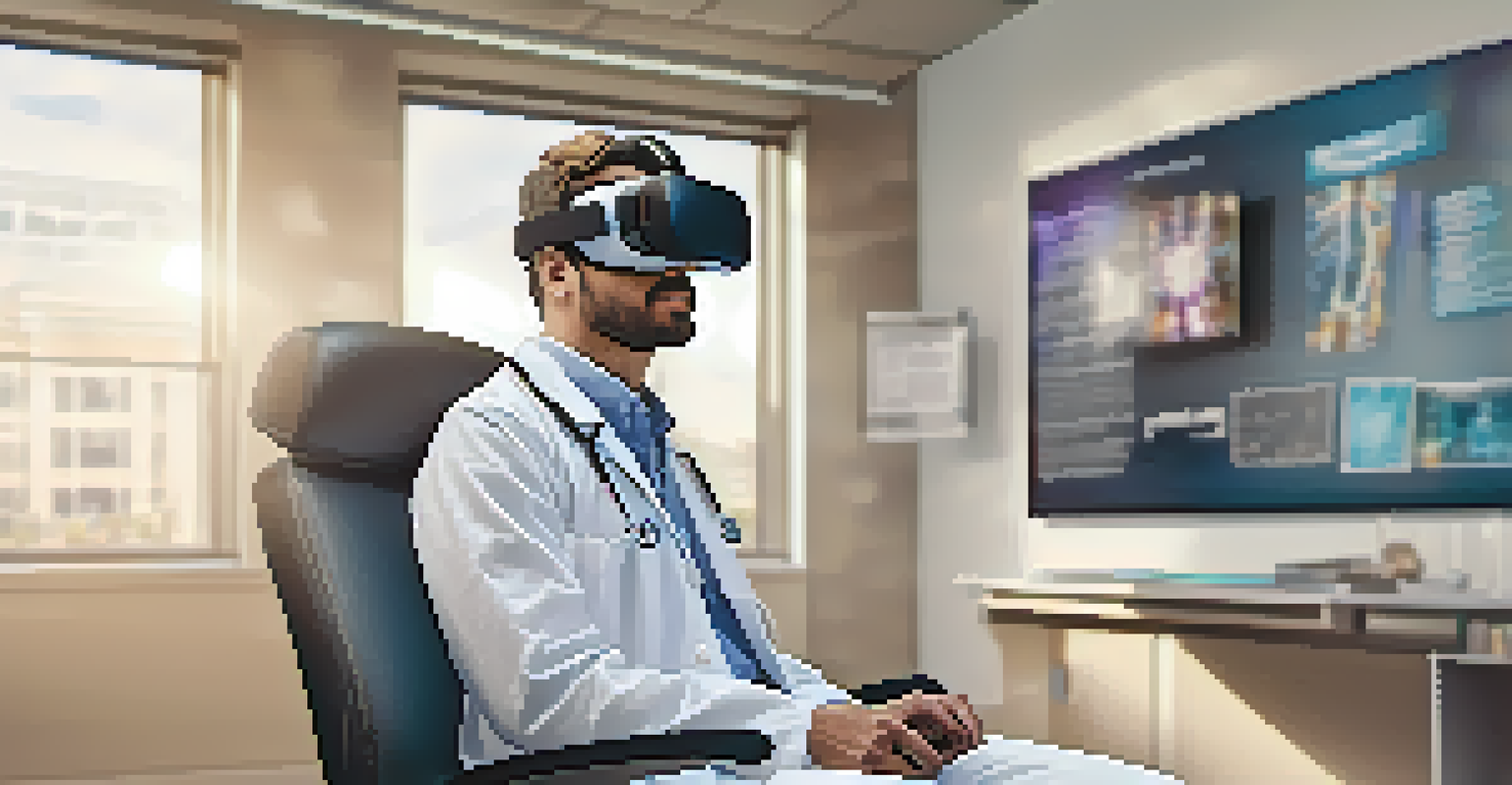 A healthcare professional practicing patient interactions in a virtual reality doctor's office, with a patient avatar present and natural daylight streaming through a window.