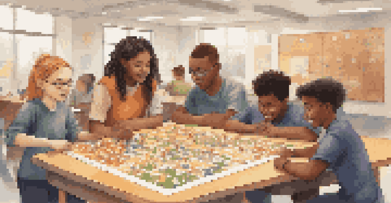 Students of diverse backgrounds collaborating on a puzzle in a well-lit classroom, showcasing teamwork and inclusivity.