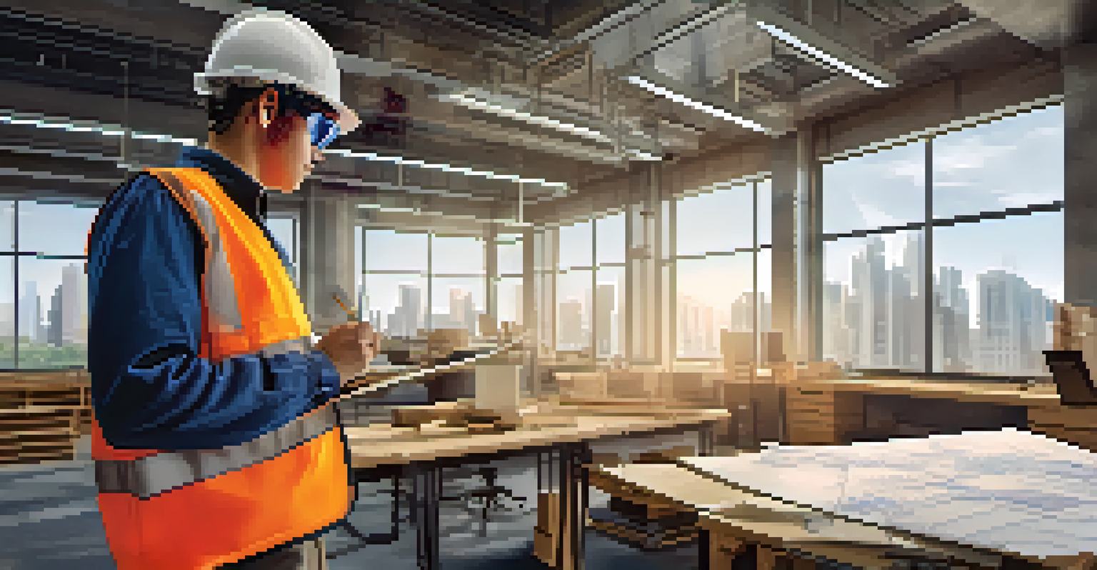 A construction worker using smart glasses to view blueprints in an office-like construction environment.