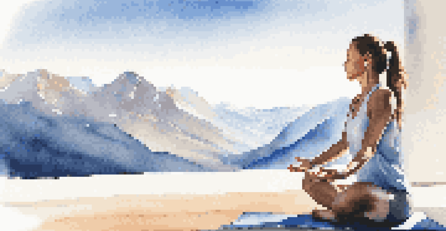 A woman practicing yoga outside, wearing an Oura Ring, with mountains and clear skies in the background.