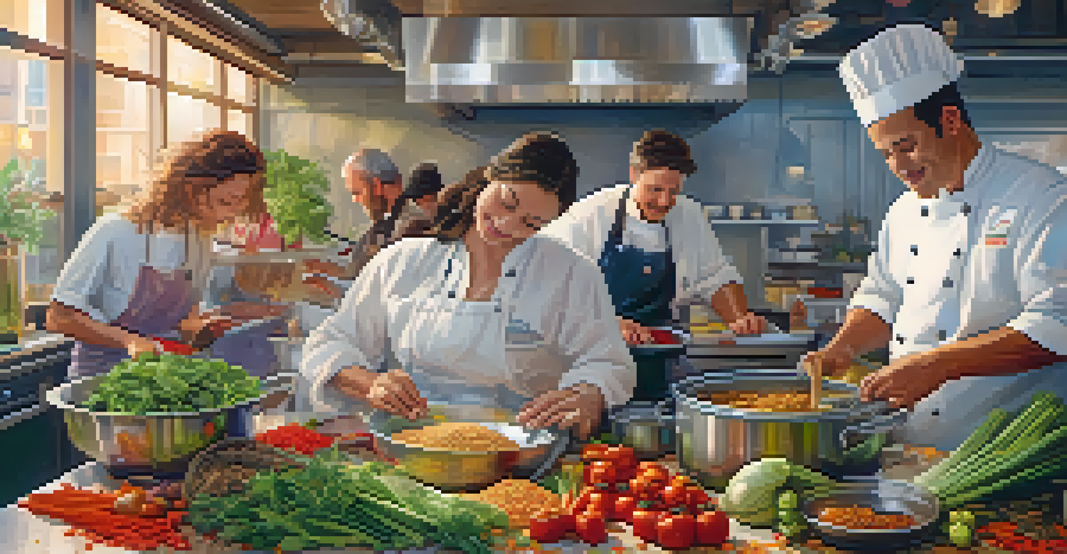 A busy kitchen with chefs working together, adding fresh ingredients to a large pot under bright lights.