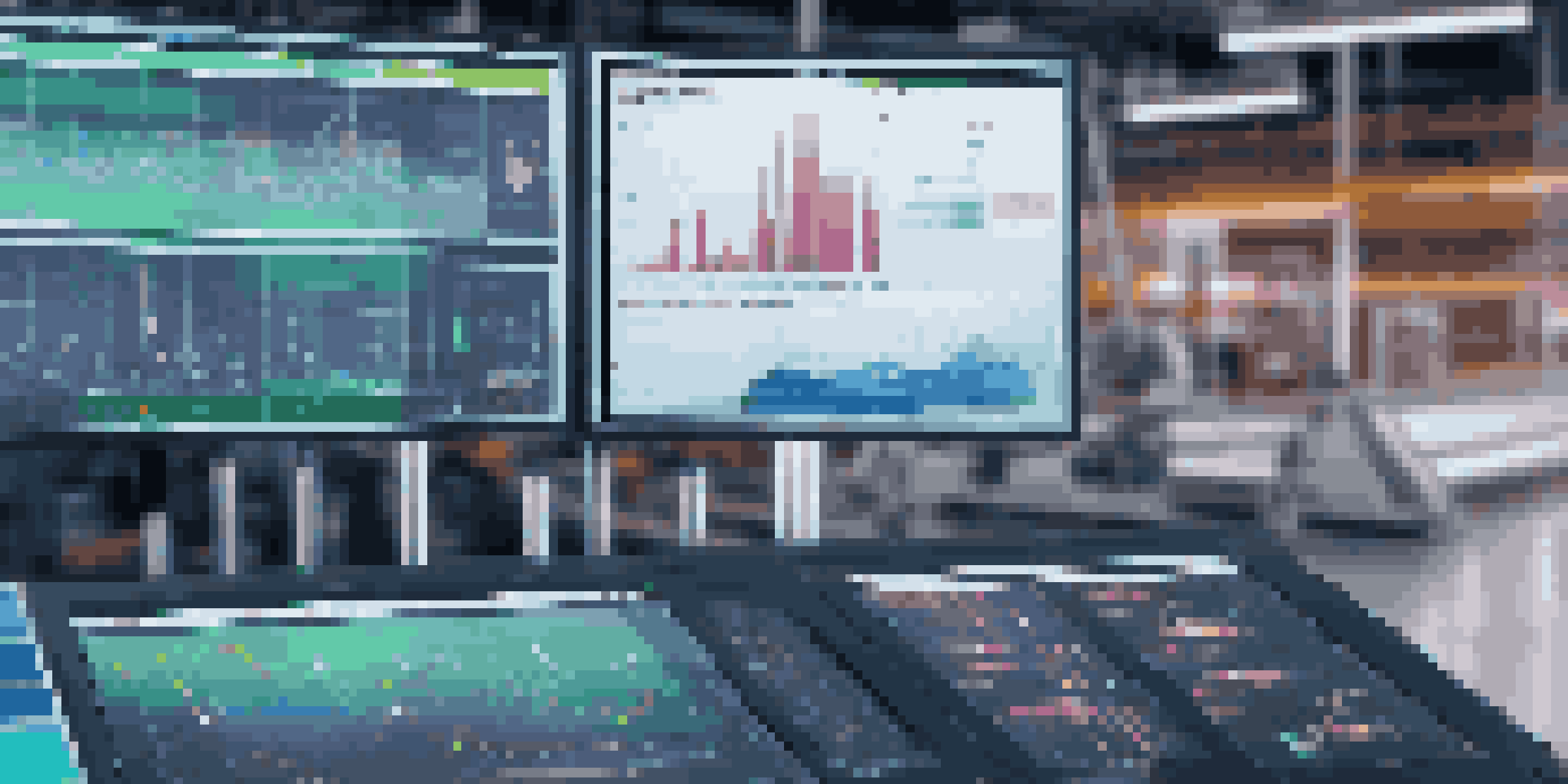 A high-tech monitor displaying real-time data analytics of a manufacturing process with colorful graphs and charts.