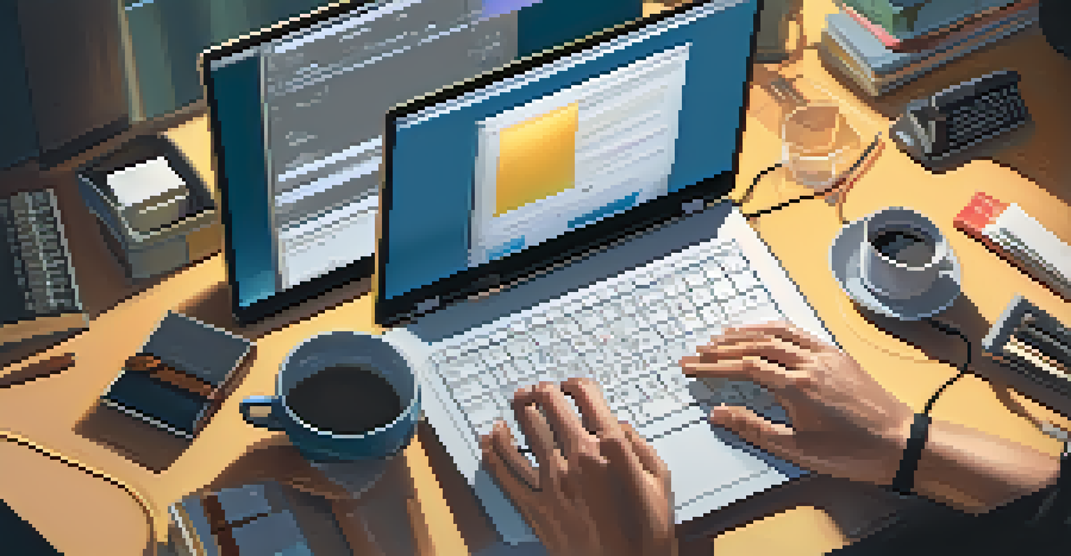 Close-up of hands on a laptop with open source manuals and tools, creating a warm and innovative learning environment.