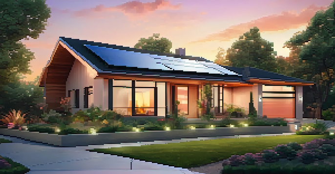 A modern smart home with solar panels and smart lighting, illuminated by a beautiful sunset.