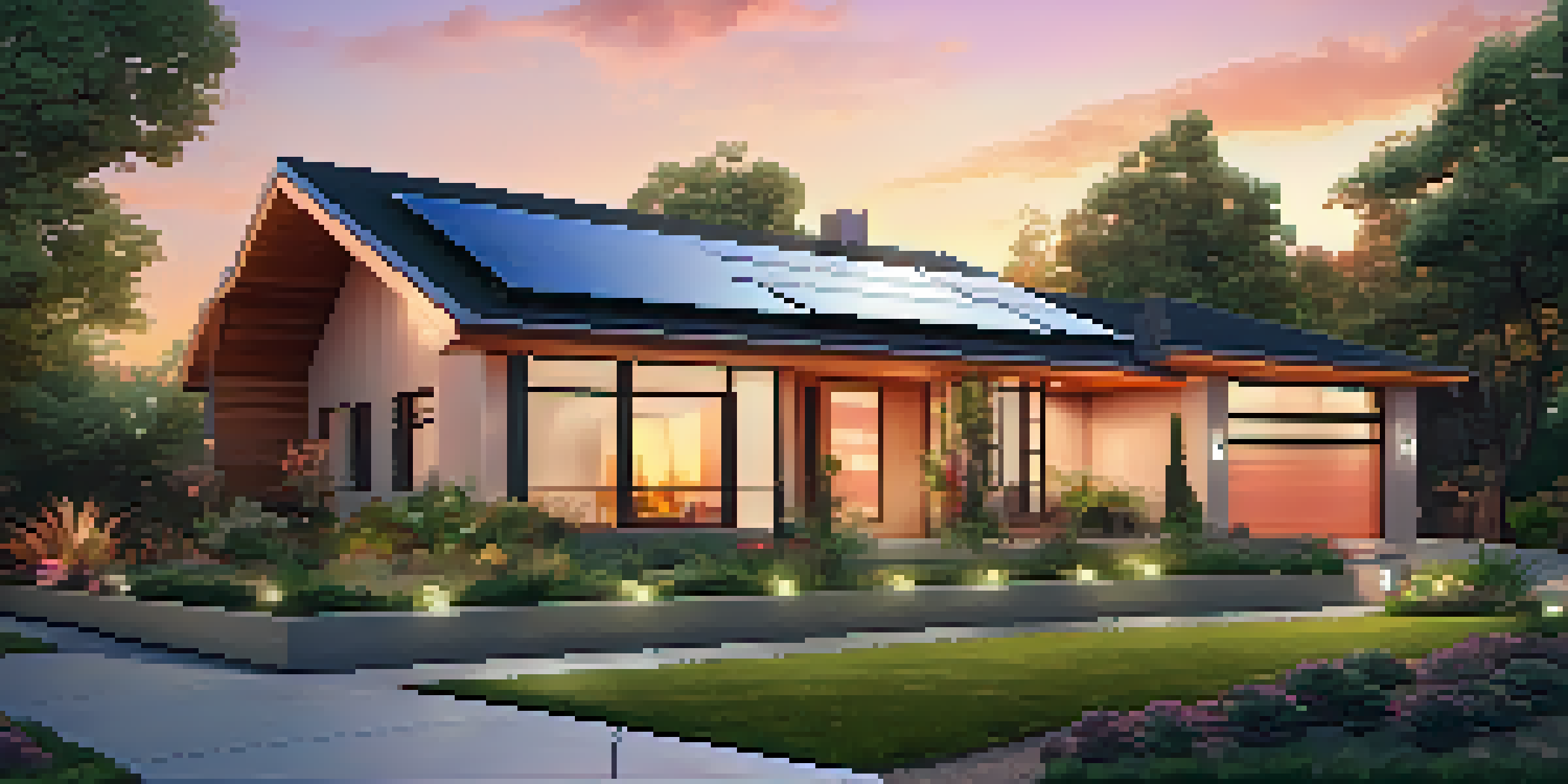 A modern smart home with solar panels and smart lighting, illuminated by a beautiful sunset.