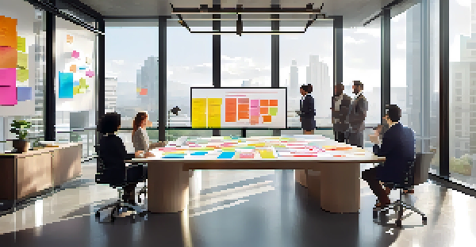 A group of professionals collaborating in a bright office, surrounded by charts and colorful sticky notes, emphasizing teamwork and hybrid methodologies.