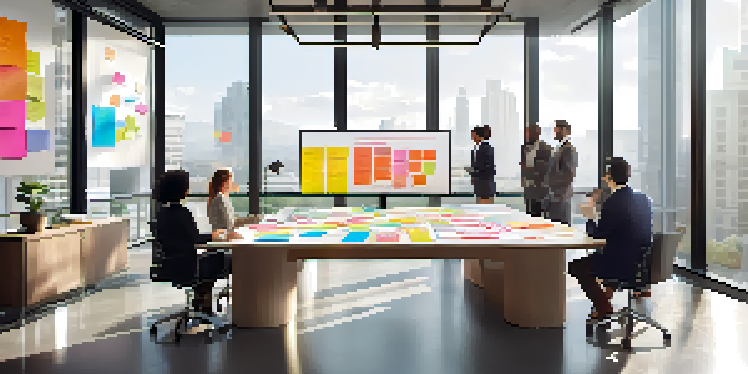 A group of professionals collaborating in a bright office, surrounded by charts and colorful sticky notes, emphasizing teamwork and hybrid methodologies.