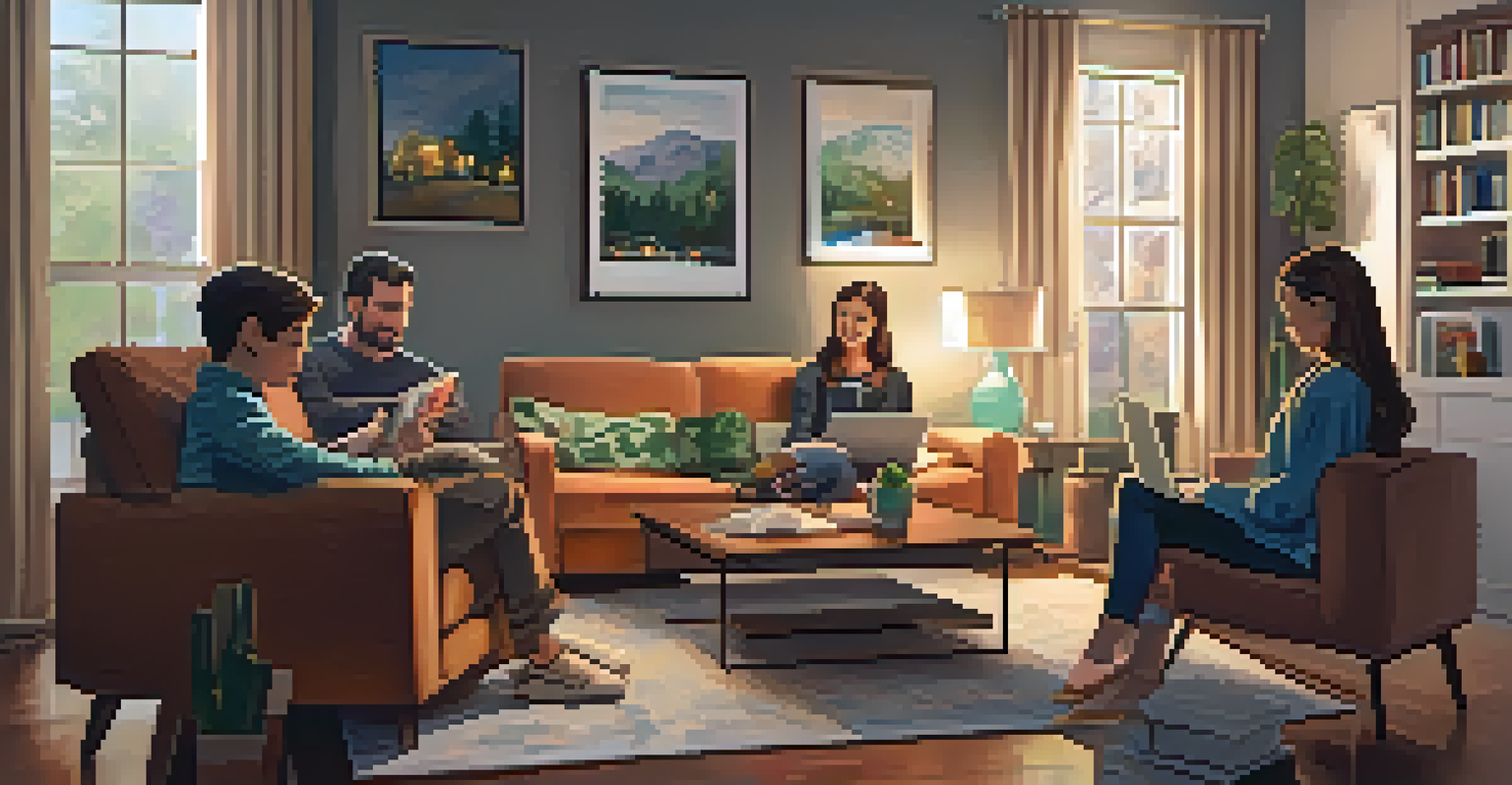 A family in a cozy living room discussing cybersecurity around a computer, with warm lighting and personal decor.