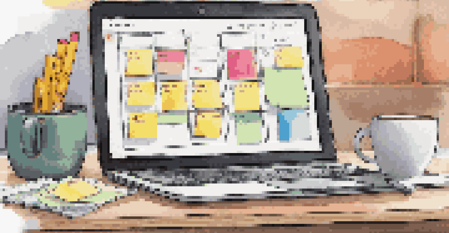 A close-up of a Kanban board with sticky notes in different categories, showcasing a productive workspace.