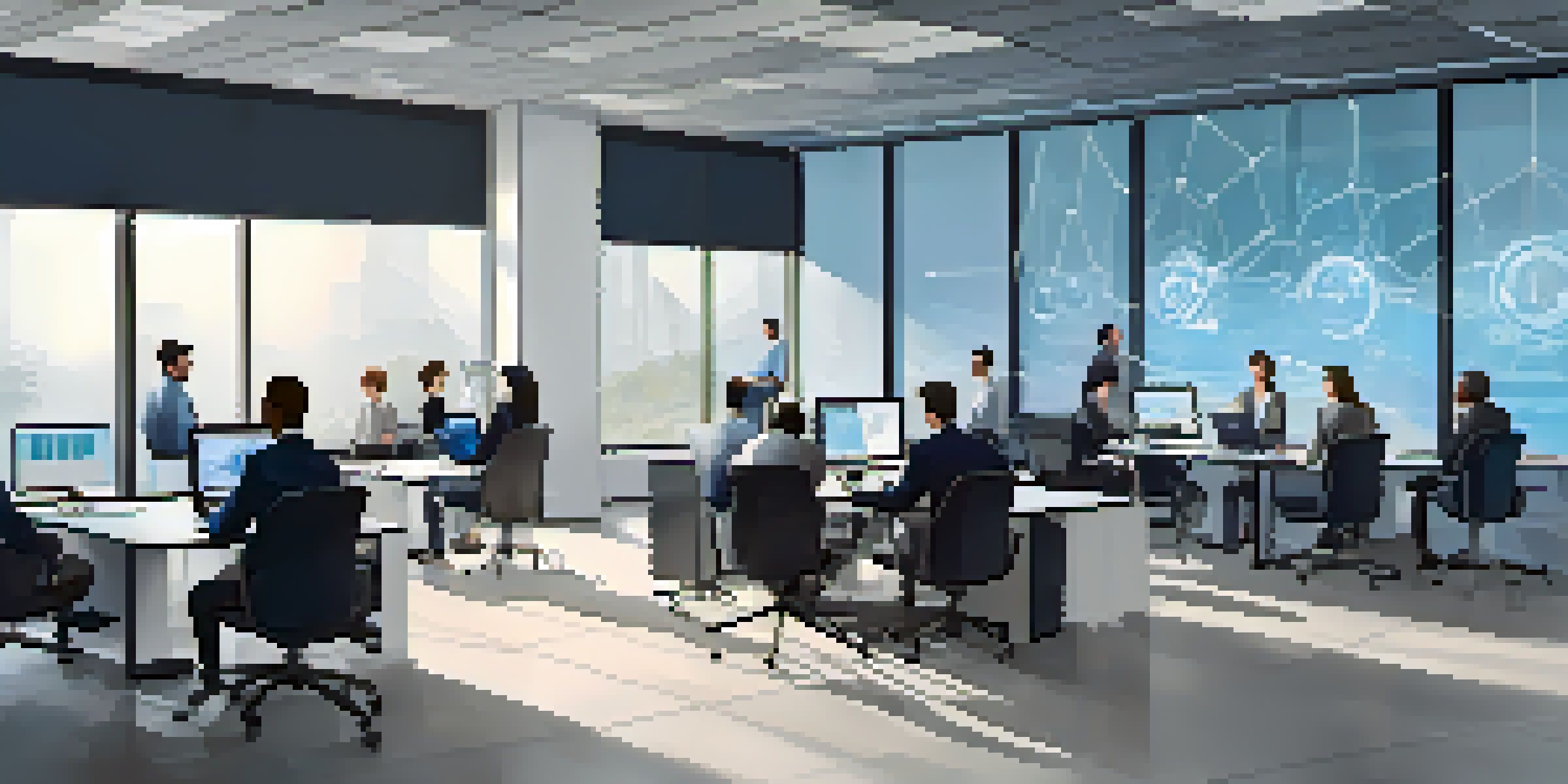 A diverse group of employees in a bright office attending a cybersecurity training session with a projector displaying information.