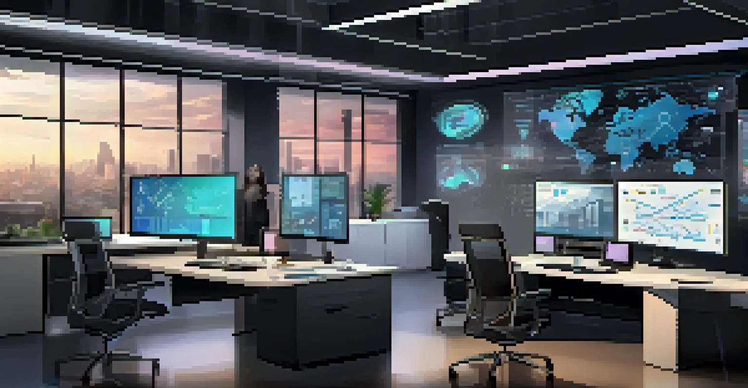 A modern workspace featuring multiple screens with data analytics, a designer at work, and digital sketches around.