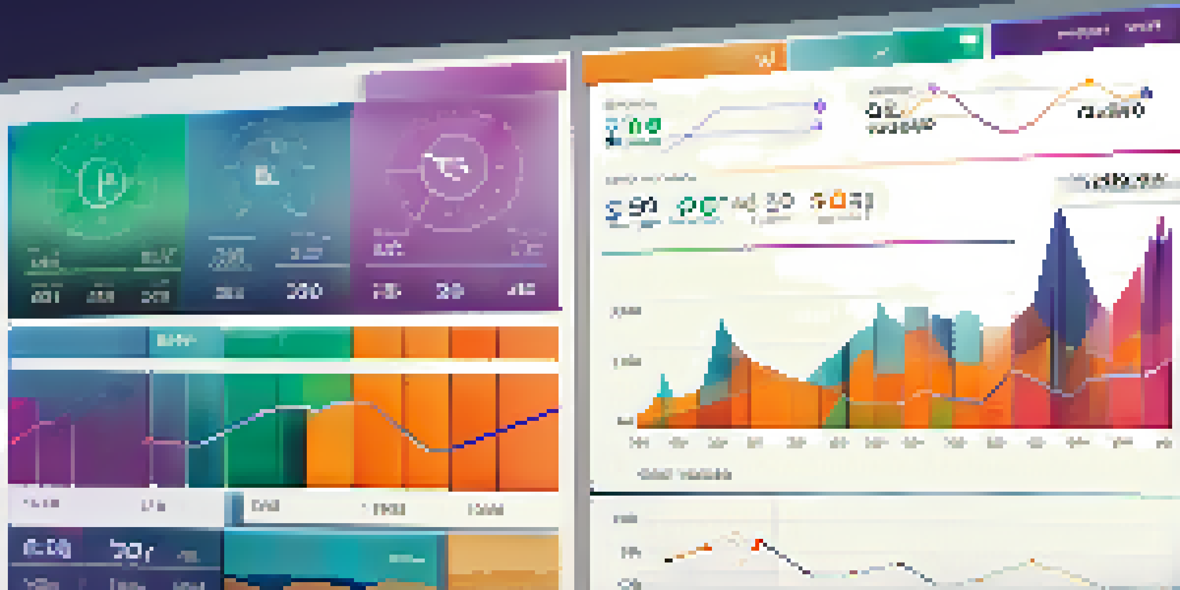 A detailed visualization dashboard with colorful graphs and charts representing sales trends, set against a gradient background.
