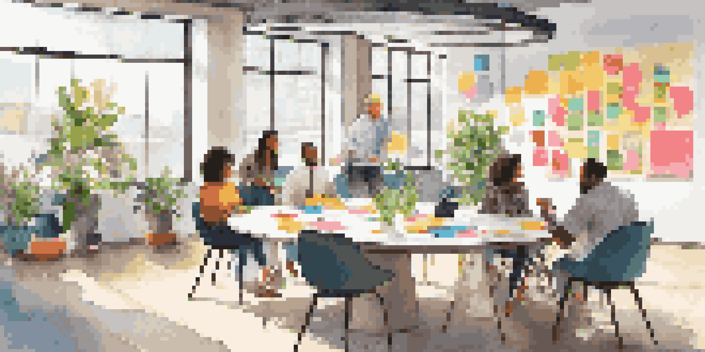A bright and inviting collaborative workspace with diverse team members discussing around a round table, colorful sticky notes on the wall, and plants in the background.