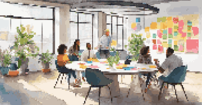 A bright and inviting collaborative workspace with diverse team members discussing around a round table, colorful sticky notes on the wall, and plants in the background.