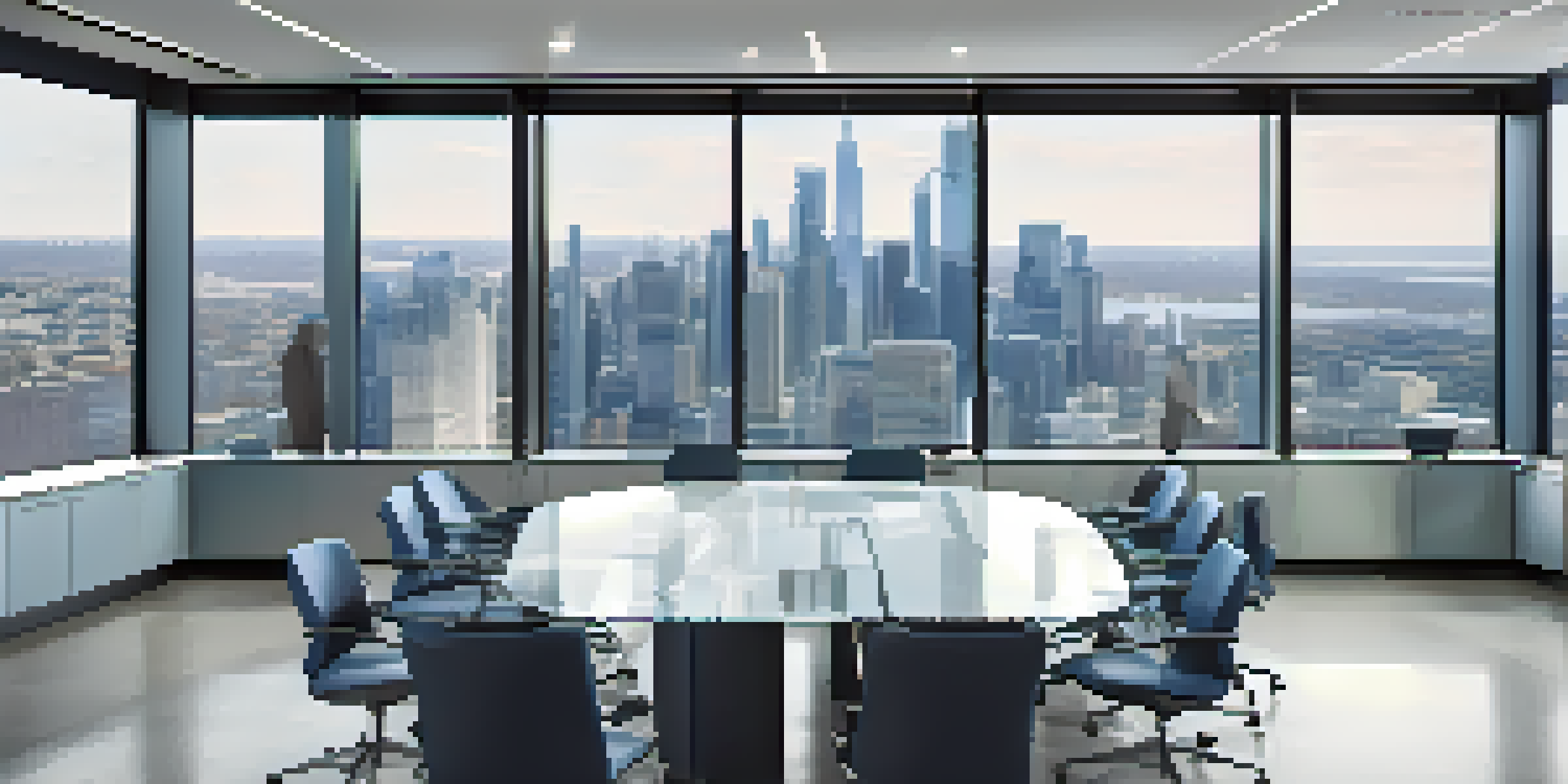 A bright financial office with professionals discussing at a conference table, digital screens showing financial data, and a city skyline visible through large windows.