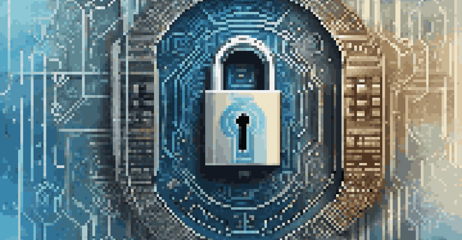 A digital lock symbolizing data privacy, surrounded by binary code and abstract shapes, set against a serene blue gradient.