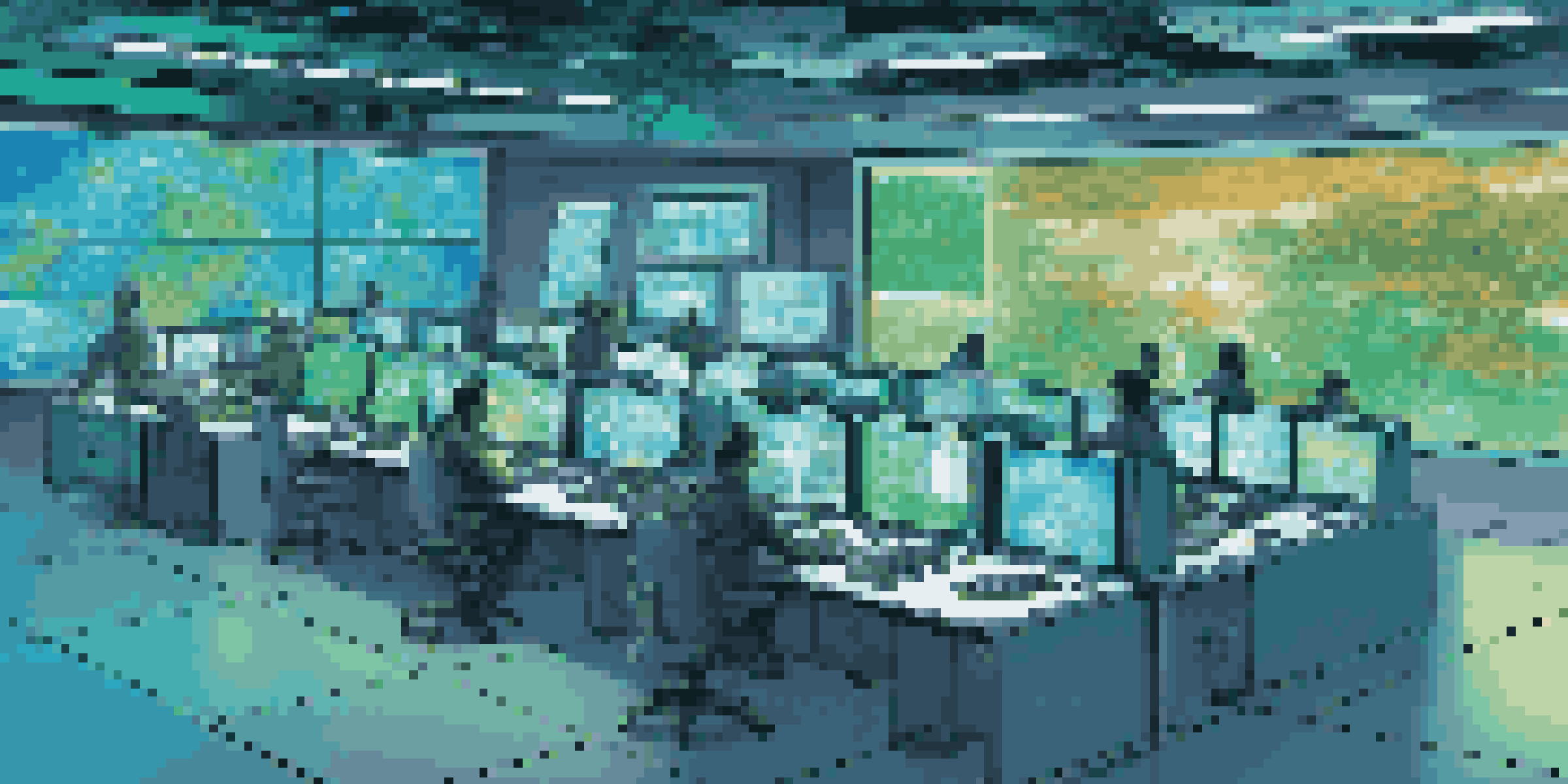 A modern telecommunications control room with screens displaying network data and simulations, featuring operators monitoring the systems.