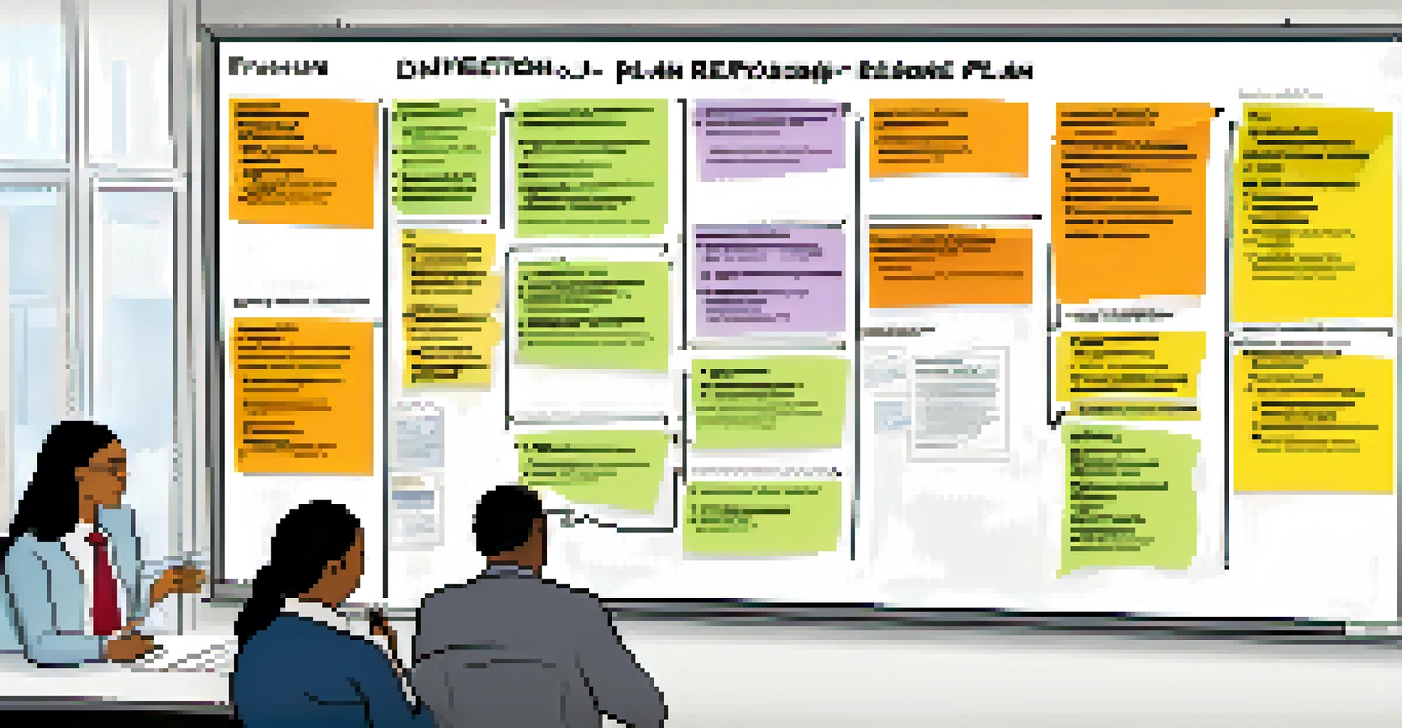 A large whiteboard displaying an organized incident response plan with colorful notes and diagrams, surrounded by professionals discussing.