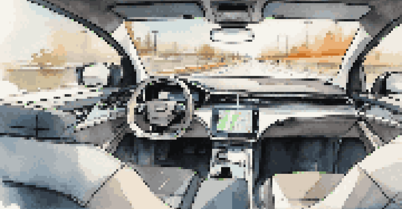 Inside a self-driving car featuring an advanced dashboard with navigation and safety displays, showcasing a scenic urban view.