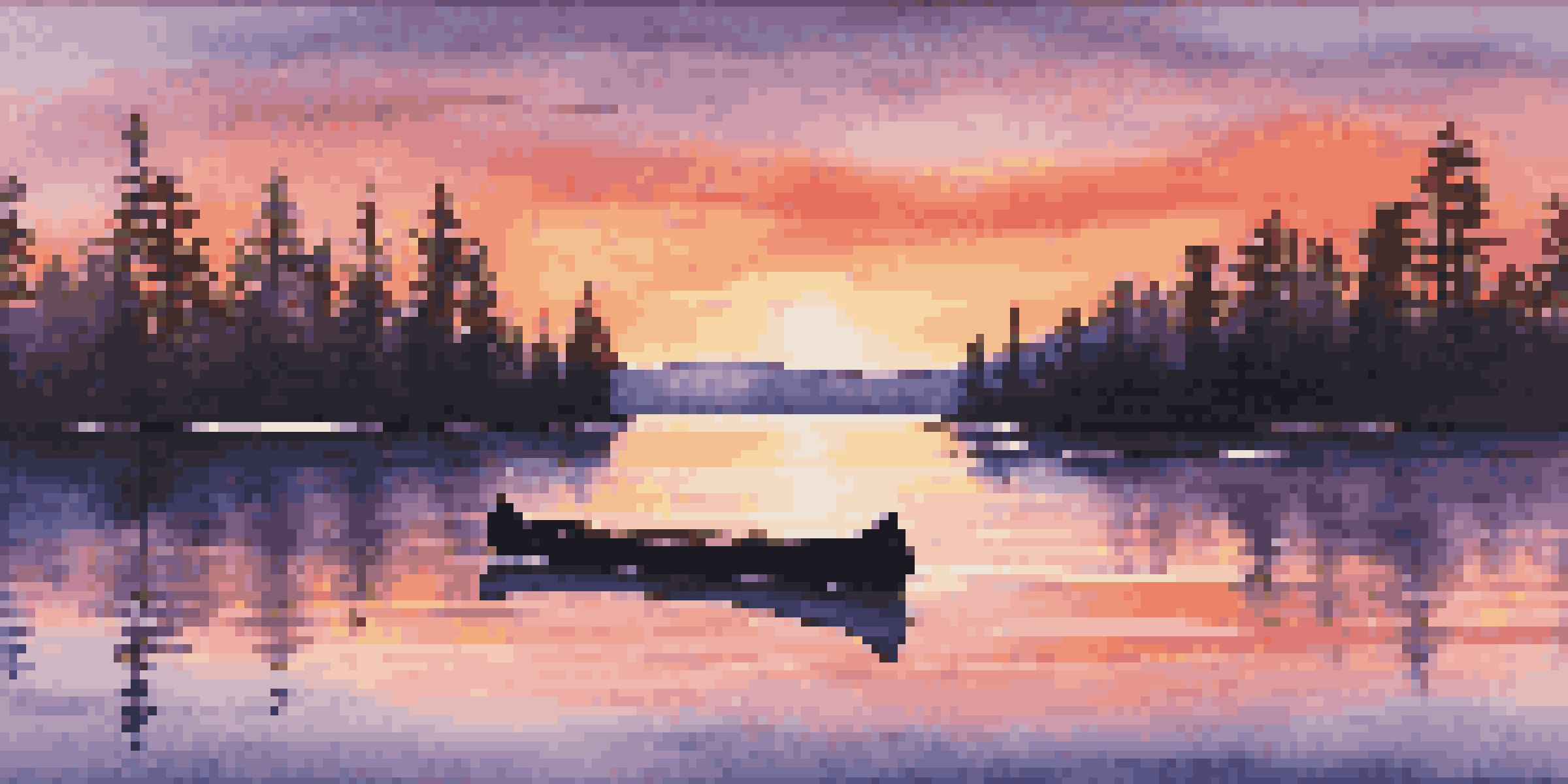 A picturesque sunset over a calm lake surrounded by pine trees, with a canoe gently floating on the water.