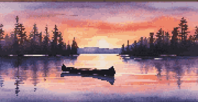 A picturesque sunset over a calm lake surrounded by pine trees, with a canoe gently floating on the water.