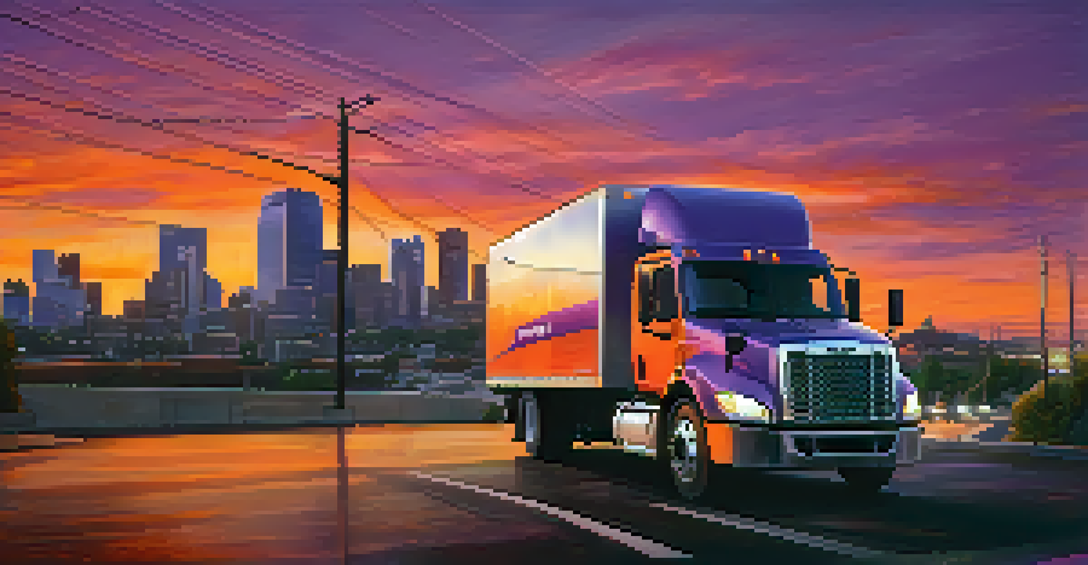 A delivery truck on the road during sunset, showcasing telematics technology.