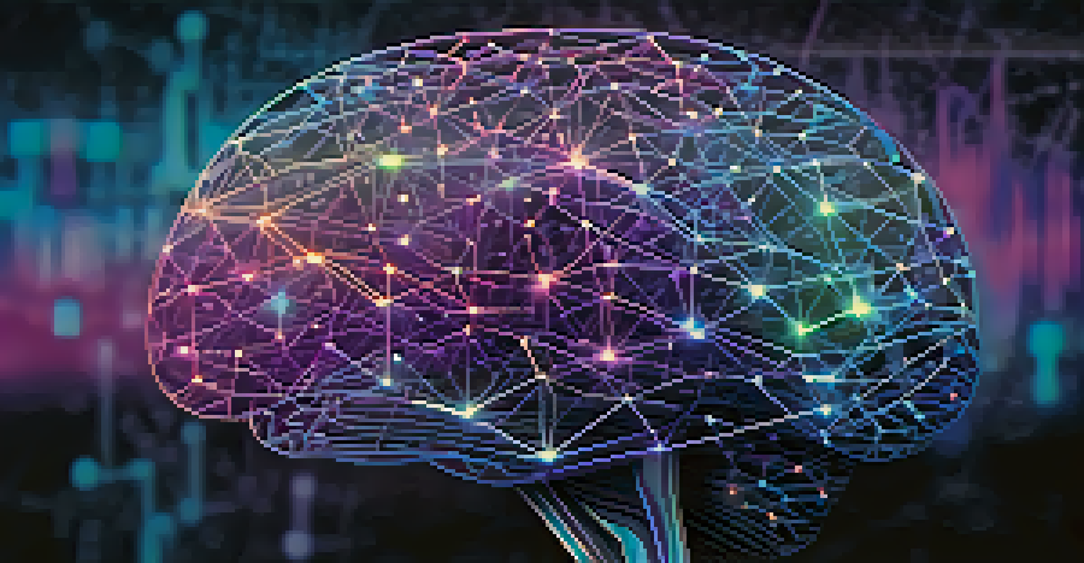 An abstract digital brain made of data points and lines, representing predictive analytics with a blue and purple gradient background.