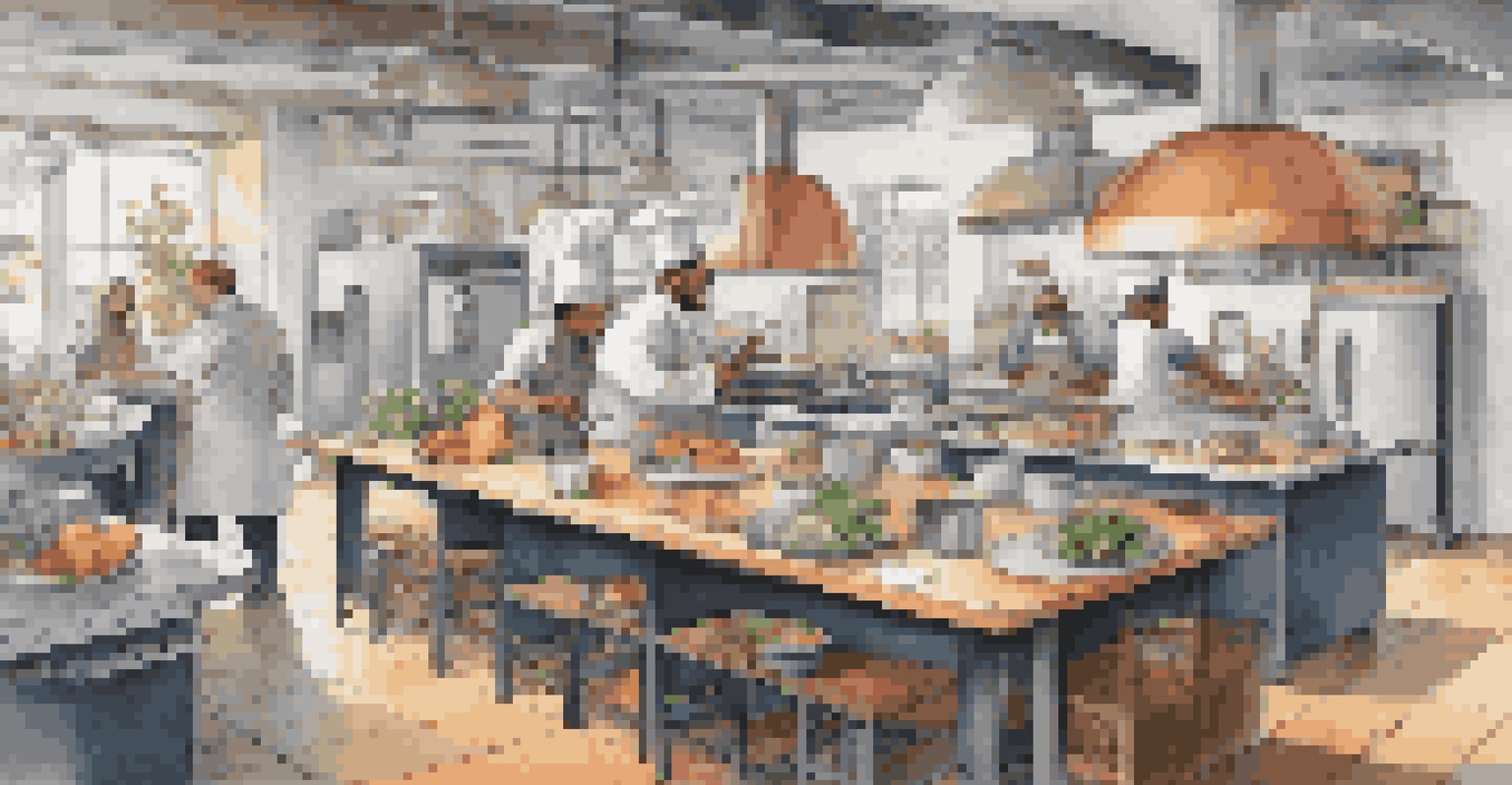 A vibrant kitchen where chefs use digital tools to communicate and coordinate, symbolizing collaboration in a ChatOps environment.