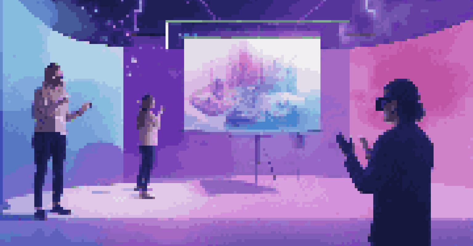 A speaker using augmented reality to present 3D models and data in a futuristic digital environment during a virtual event.