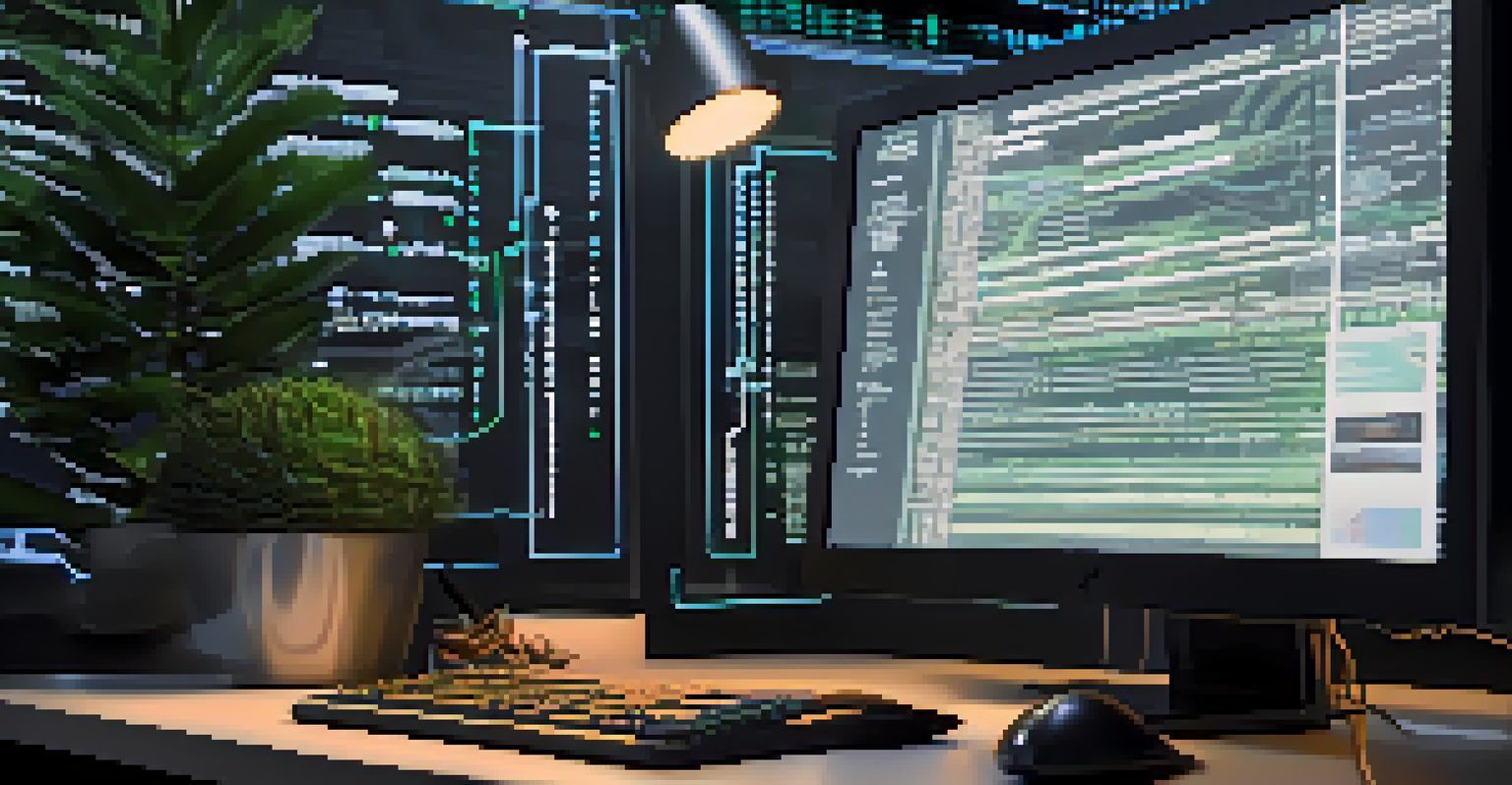 A detailed view of a computer screen with code and security symbols in a cozy modern workspace.