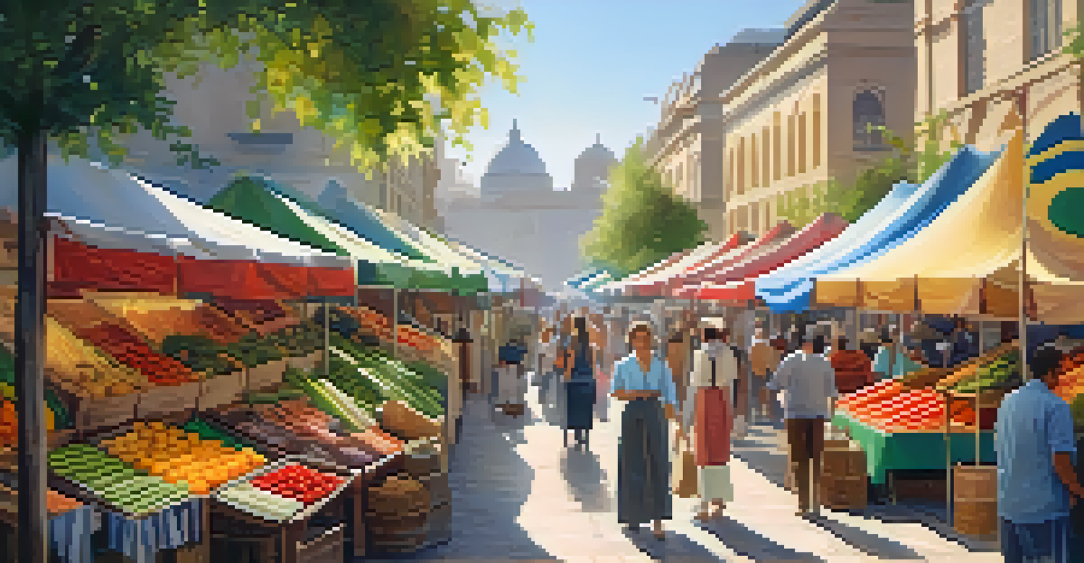 A colorful outdoor market with stalls of fresh produce and crafts, bustling with shoppers and vendors.