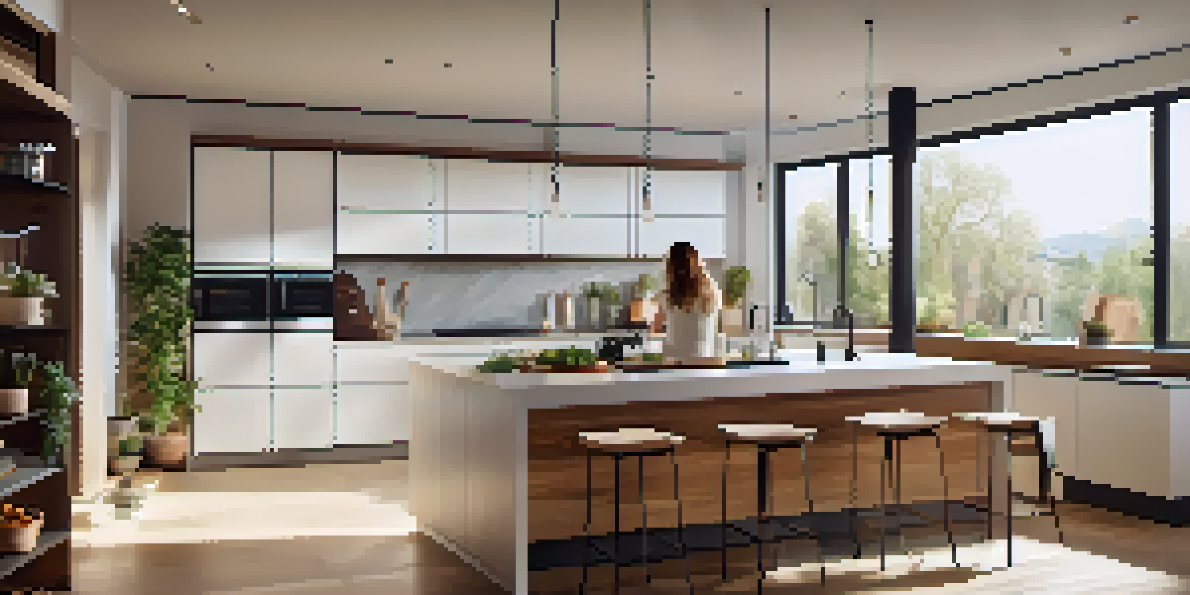A person in a modern kitchen speaking to a smart device to set a timer, with bright lighting and stylish appliances around them.