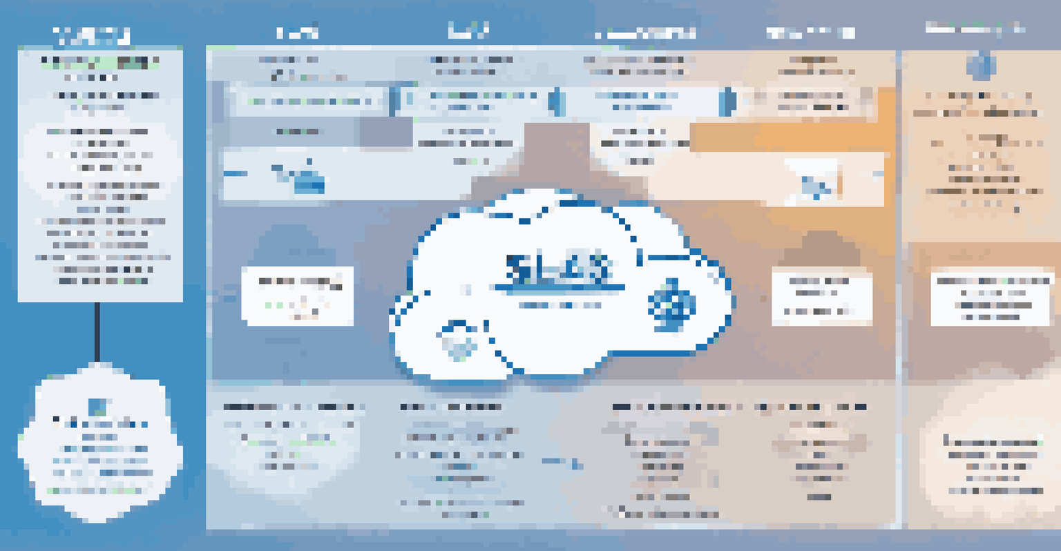 An infographic illustrating the key components of effective service level agreements for cloud services, with icons and descriptions on a blue gradient background.