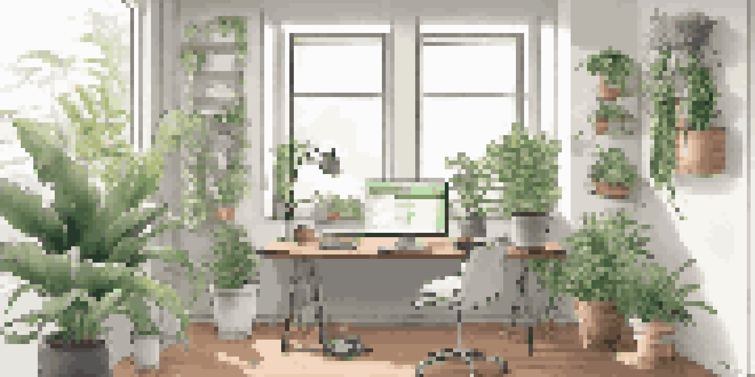A bright modern workspace with a computer displaying API development tools, surrounded by indoor plants and soft natural light.