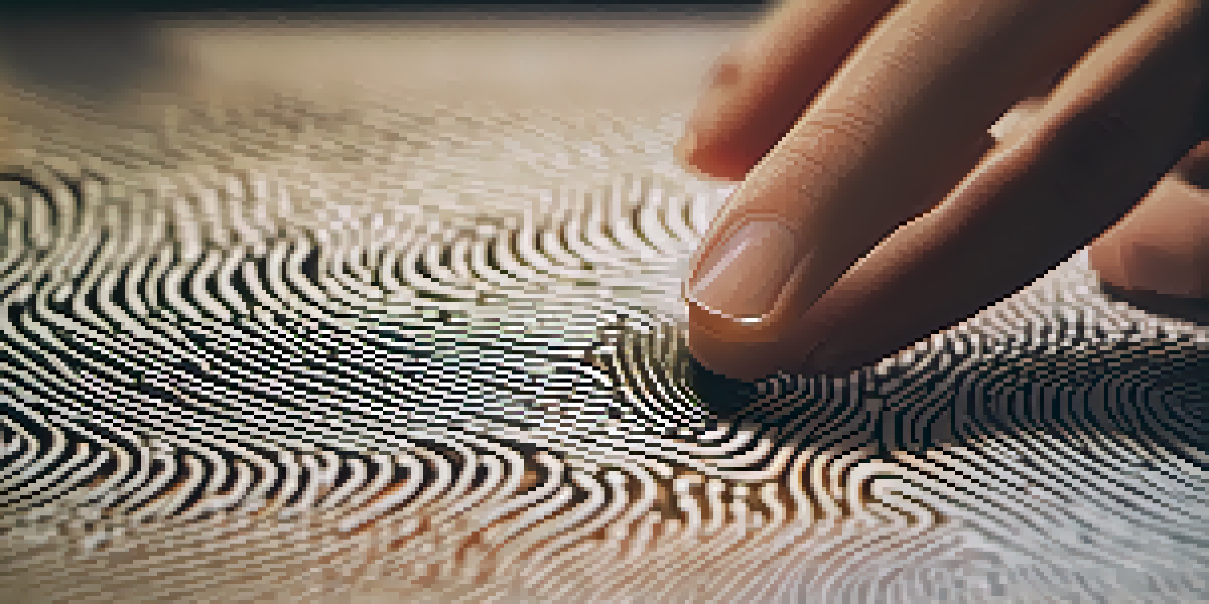A close-up view of a fingerprint scanner being used, with a fingertip on the scanner and blurred background.