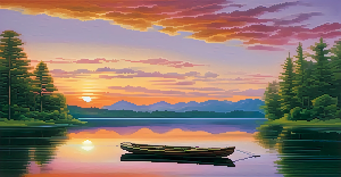A vibrant sunset over a tranquil lake with lush trees and mountains in the background, featuring a small wooden boat on the water.