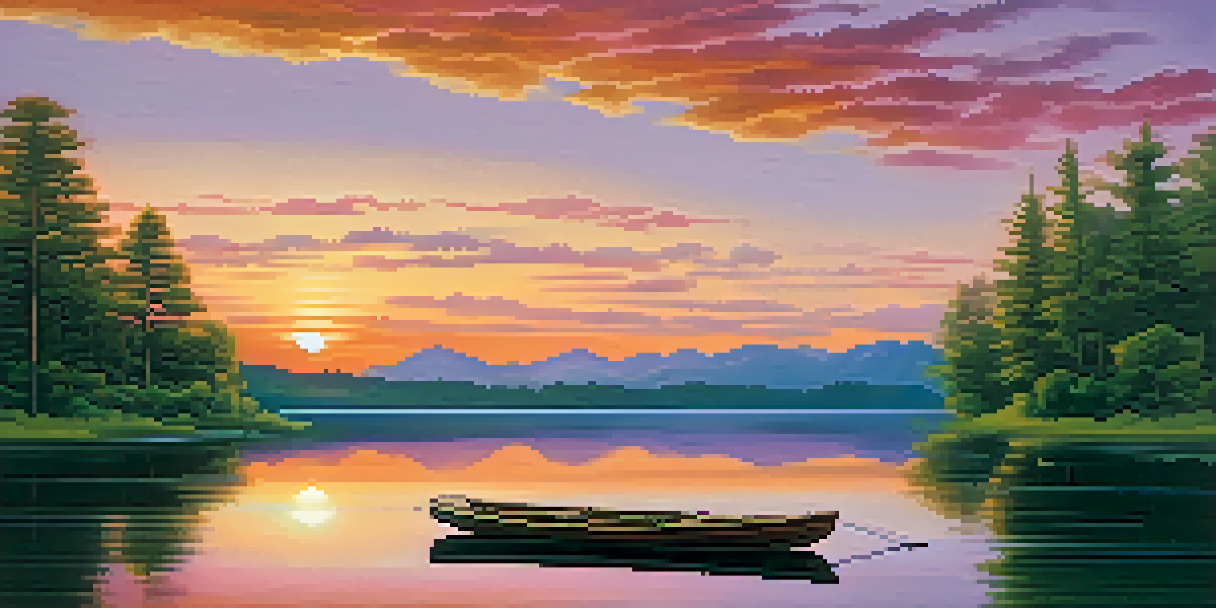 A vibrant sunset over a tranquil lake with lush trees and mountains in the background, featuring a small wooden boat on the water.