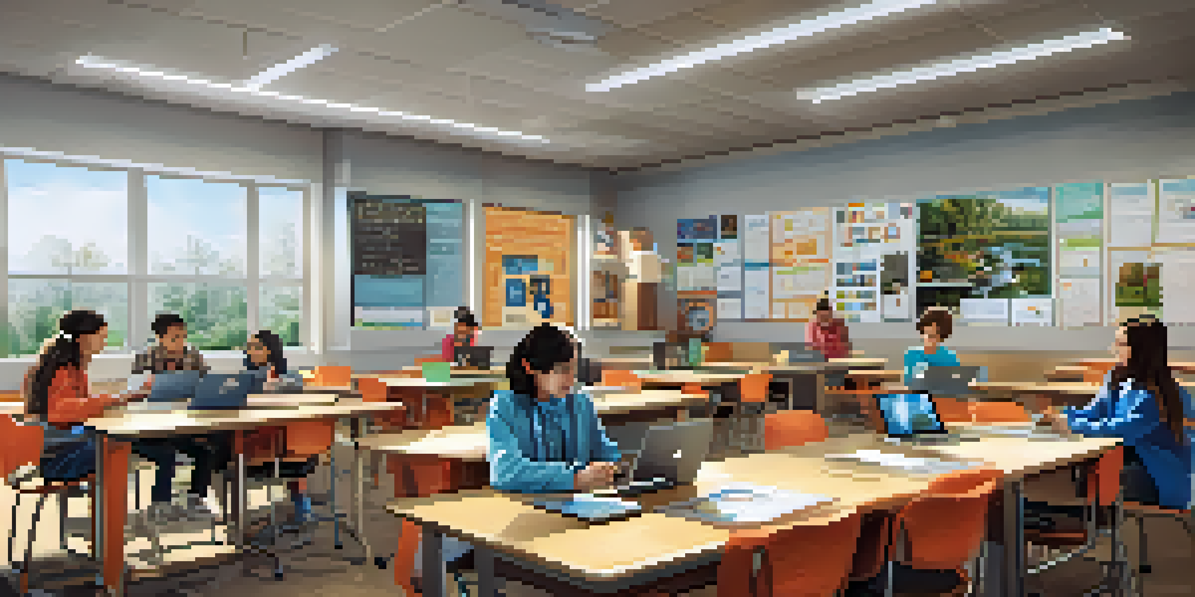 A bright and modern classroom with students actively engaged in personalized learning using tablets and laptops, surrounded by educational materials and posters.