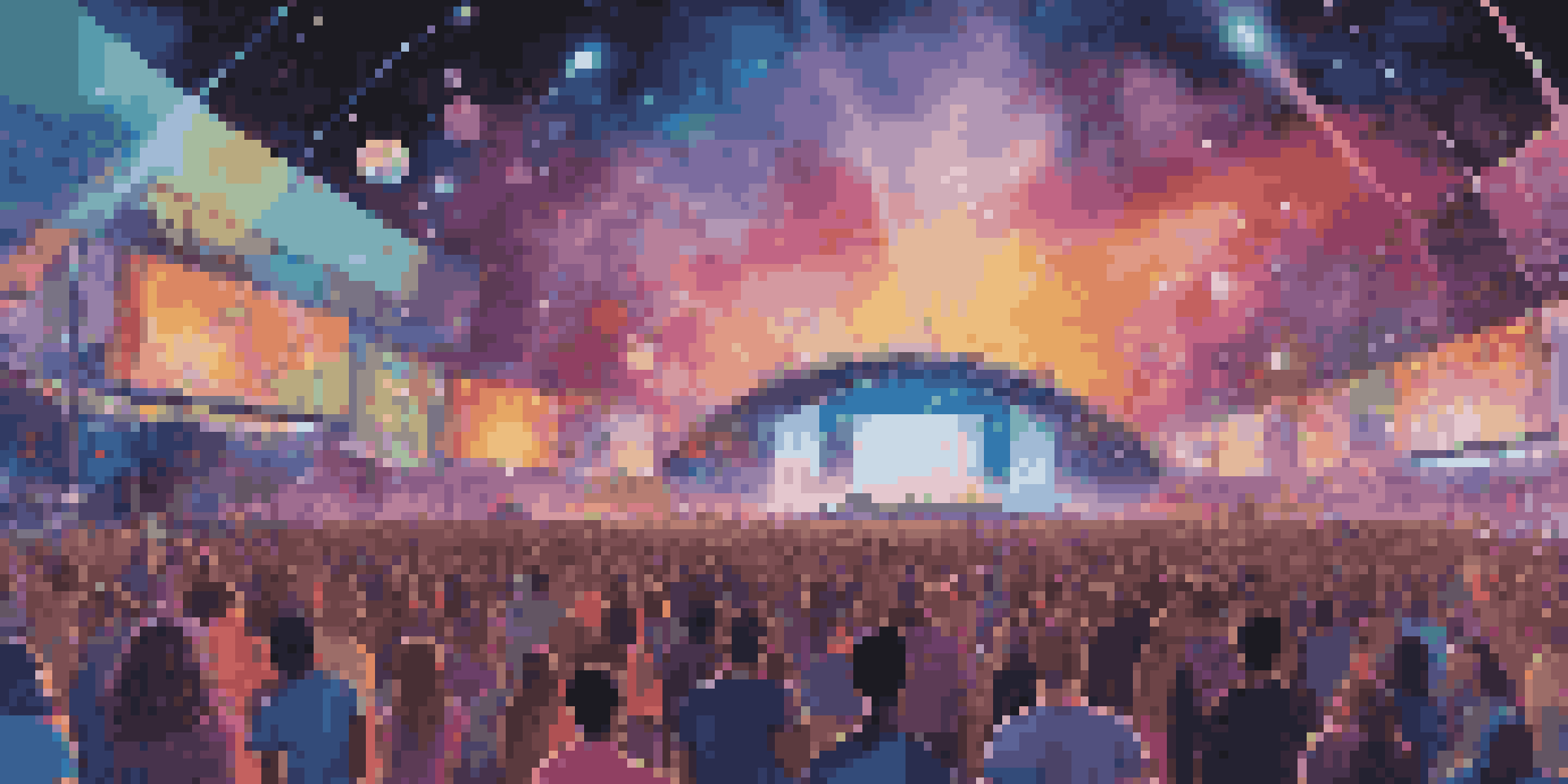 A lively music festival scene with artists on stage and colorful holograms, under a starry sky, representing a futuristic vibe.