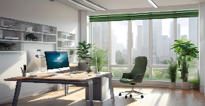 A modern office workspace with a desktop computer showing a responsive website, natural light from a window, and plants on the desk.