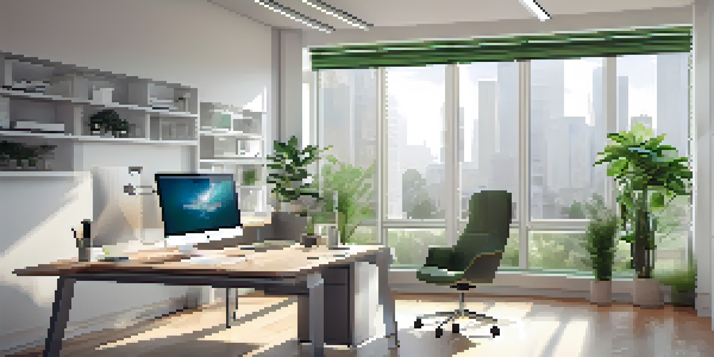 A modern office workspace with a desktop computer showing a responsive website, natural light from a window, and plants on the desk.