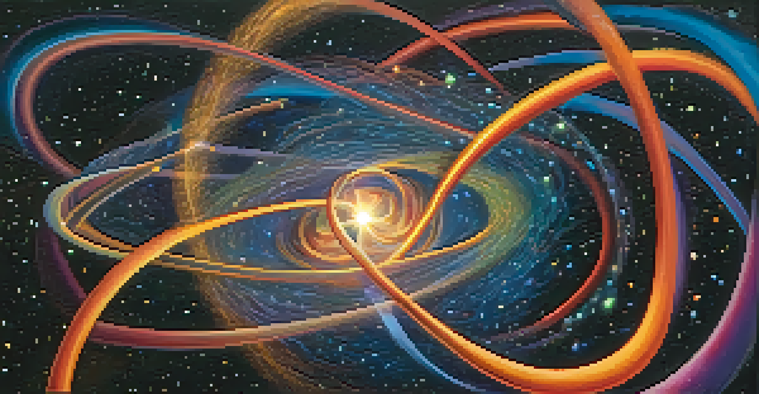 An abstract image of two glowing particles intertwined in a cosmic background representing quantum entanglement.