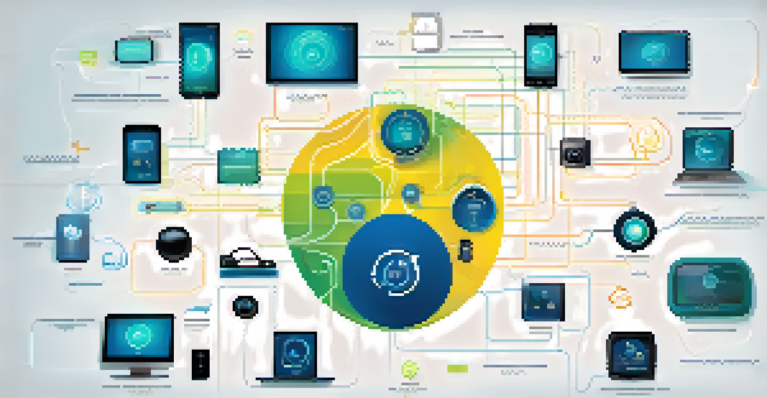 An infographic showing different IoT devices and their connections, with bright colors.