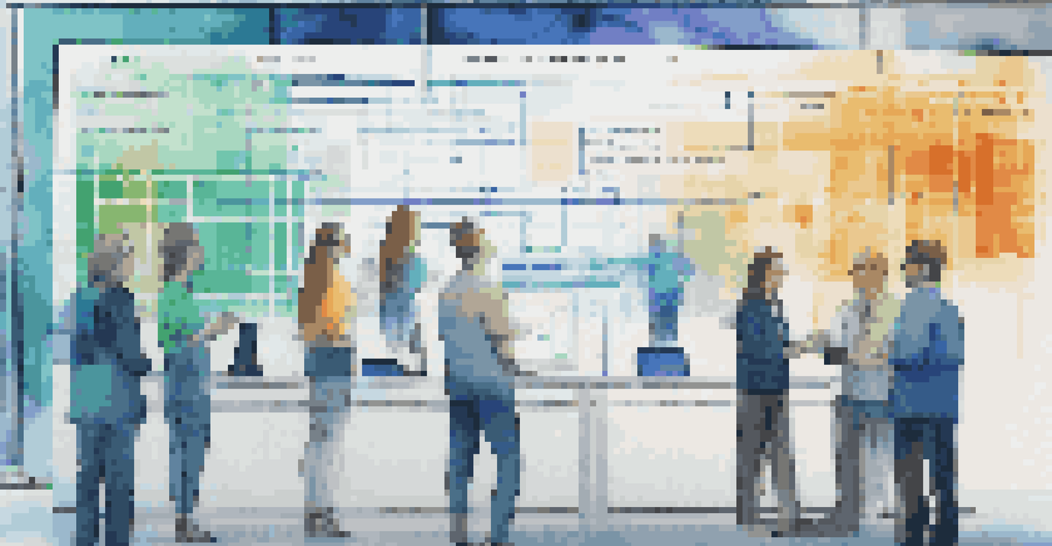 A close-up of a digital blockchain ledger with colorful blocks and transaction details, set against a blurred background of people working together in an office.