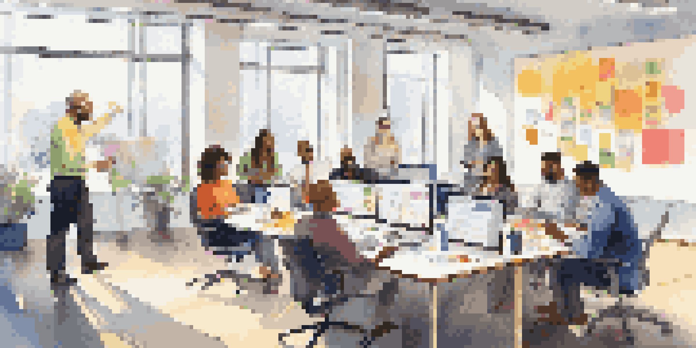 A diverse group of employees in a bright office collaborating over a conference table with laptops, sticky notes, and a whiteboard.