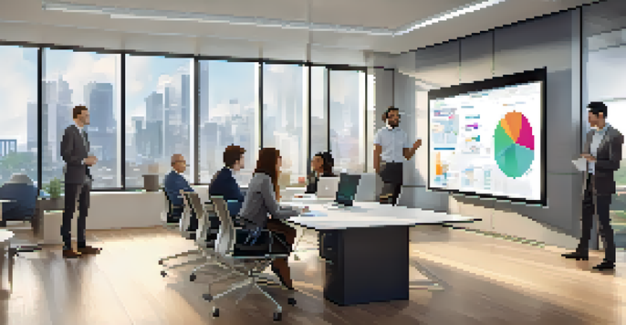 A diverse group of professionals in a modern office discussing real-time data analytics displayed on a large screen.