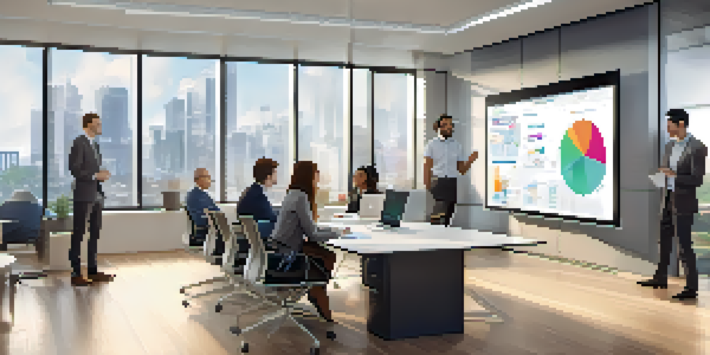 A diverse group of professionals in a modern office discussing real-time data analytics displayed on a large screen.