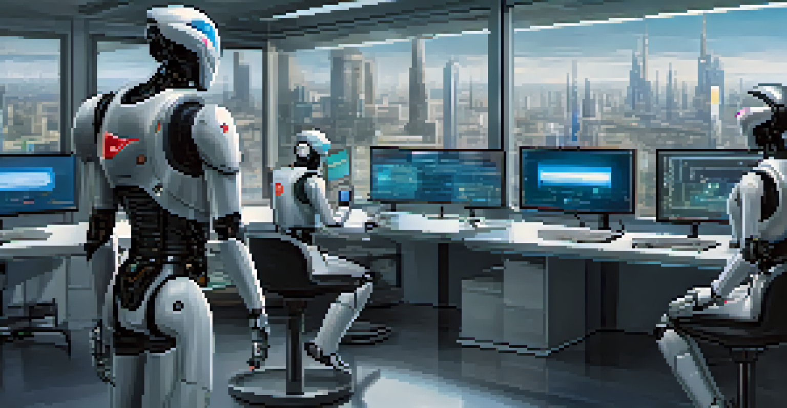 A futuristic lab where robots and human testers collaborate on software testing automation, with a cityscape in the background.