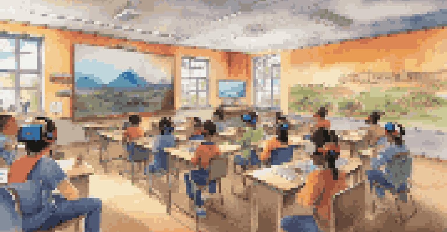 Students in a rural classroom using virtual reality headsets for an interactive lesson.
