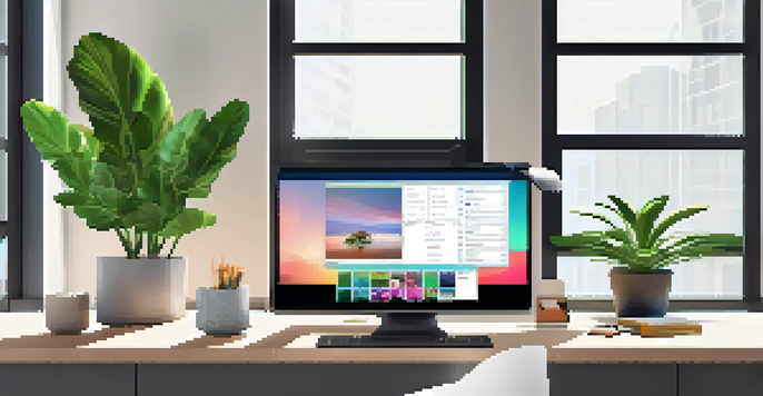 A bright and modern digital workspace with a laptop, smartphone, and potted plant, bathed in natural light.